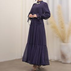 This maxi long sleeve dress is a fully lined and lightweight chiffon dress that needs no occasion. The ultimate prairie picnic, beach, and spring summer vibe. Available in 5 beautiful colors. Abaya Dress Muslim, Lace Abaya, Maxi Long Sleeve Dress, Prom Couples, Dress Muslim, Muslim Dress, Muslim Outfits, Abaya Dress, Maxi Dress Navy