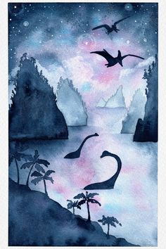 watercolor painting of birds flying in the night sky over an island with palm trees