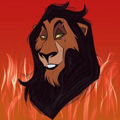 a drawing of a lion's head with yellow eyes and black hair, against a red background