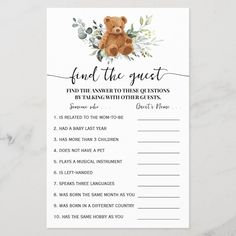 a printable baby shower game with a teddy bear and greenery on the front