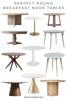 round dining tables with different bases and sizes, all in various colors to match the table