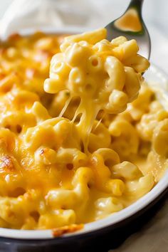 a spoon full of macaroni and cheese on a plate