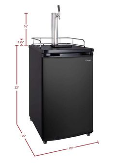 a black refrigerator with the measurements for it