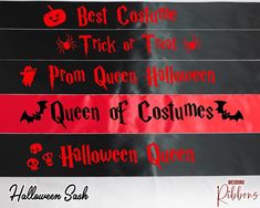 four halloween signs with different font and designs on them, all in black and red