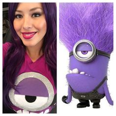 a woman with purple hair and an evil minion