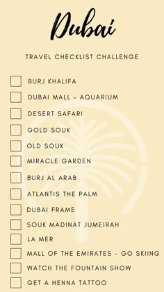 the dubai travel checklist is shown in black and white, with an orange background