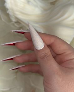 Cream Glitter and Red Glitter Nail Glitter Stilettos Nails, Red Jelly Stiletto Nails, Christmas Nails Stilleto Shape, Red Under Nails, Milky White Stiletto Nails, Valentines Day Nails Stiletto, Almond Sparkle Nails, Sparkly Stiletto Nails, Red Stiletto Nails Designs