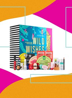 an assortment of beauty products on a colorful background with text that reads, wild wishes