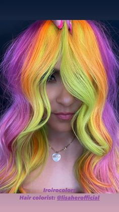 Ponytail Ideas With Bangs, Color Melt Hair, Rainbow Roots, Halloween Hair Color Ideas, Dye Placement, Wig Closet, Neon Hair Color, Watermelon Hair, Orange Yellow Color