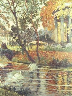 a painting of swans swimming in a pond next to a gazebo and trees with leaves on the ground