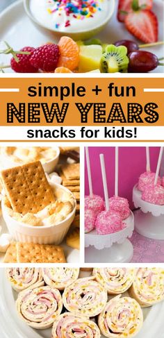 a collage of new years snacks for kids