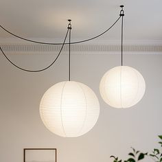 three white lamps hanging from the ceiling in a room with plants and pictures on the wall