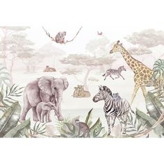 an image of a jungle scene with zebras and giraffes