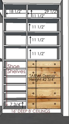 an open closet with drawers and measurements for the door to which shelving is located