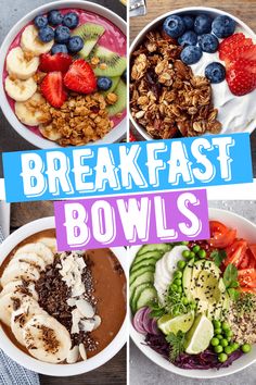 breakfast bowls with fruit, cereal and yogurt