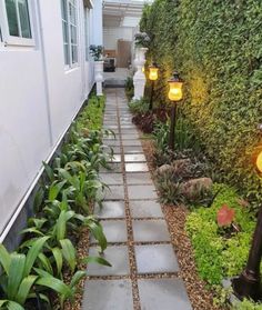 a walkway between two houses with plants and lights on either side, leading to the front door