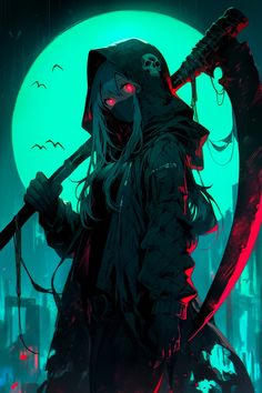 a person with a long hair holding a knife and wearing a hooded outfit in front of a full moon