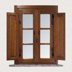 an open wooden double door with mirrors on it