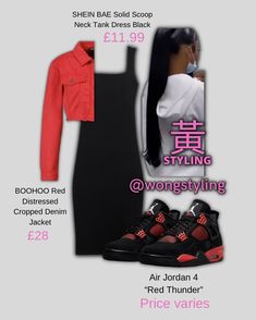 IG wongstyling Jordan4 Outfit, Dress And Jordans, Distressed Cropped Denim Jacket, Outfit Layouts, Girly Girl Outfits, School Fit