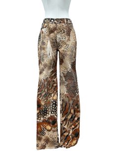 Roberto Cavalli straight pant with printed feather in shades of brown, white and black. Hanging chain with little charm. Condition Details New with tag Size and Material 40 IT | S Printed Brown Bottoms For Spring, Chic Printed Pants For Fall, Chic Printed Fall Pants, Cavalli Aesthetic, Vintage Cavalli, Pants Png, Vintage Roberto Cavalli, College Wardrobe, 90s Y2k Fashion