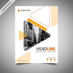 a brochure design with orange and white shapes