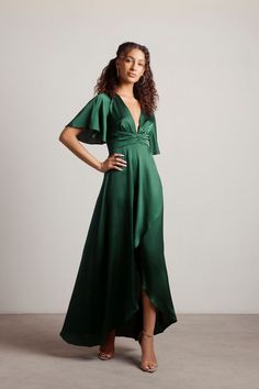 The Joy Of It Emerald Satin Twist High-Low Maxi Dress - $52 | Tobi US High Low Dresses, High Low Prom Dresses, Emerald Green Dresses, High Low Maxi Dress, Maxi Dress Formal, Wardrobe Ideas, Guest Outfit, Maxi Dress With Sleeves, Wedding Guest Outfit