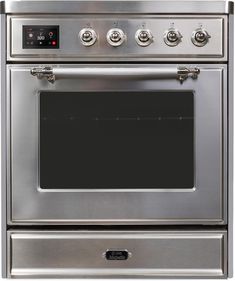 a stainless steel oven with four burners