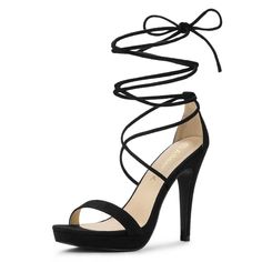 Modern and minimalist, essential lace-up heel sandals set on a platform heel serve as a versatile go-to style.Lace-Up Shoes.High Heeled Sandals.Platform heels.Vamp: Faux Suede; Outsole: Rubber; Heel: ABS.Heel Height: 4 5/7 inches. Size: 7.5. Color: black. Gender: female. Age Group: adult. Pattern: Solid. Platform Stiletto Heels, Nude High Heels, Modern Sandals, Black Platform Heels, Womens Stilettos, Platform Stilettos, Platform Sandals Heels, Open Toe Shoes, Lace Up Sandals