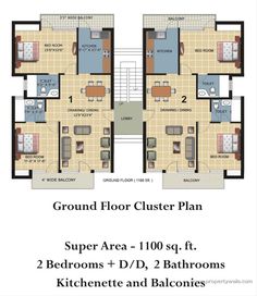 two bedroom apartment floor plan with kitchen and living room in the middle, ground level