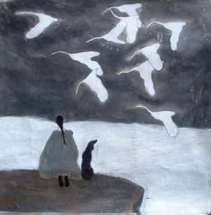 a painting of birds flying over a body of water