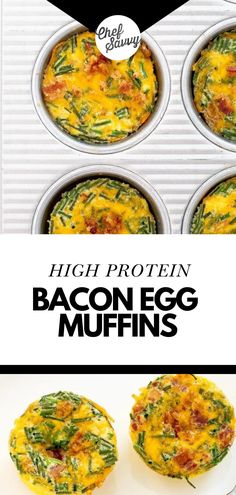 four mini egg muffins with bacon and eggs in them on a white plate