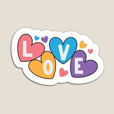 a sticker with the word love written in multicolored hearts