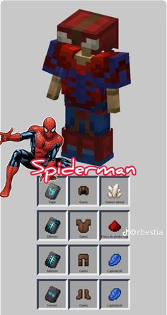 an image of a spiderman in minecraft with different colors and textures on it