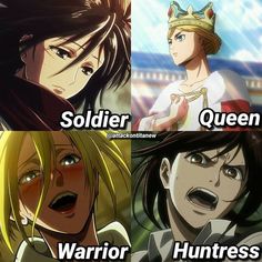 four different anime characters with the same caption in each one's face and their names