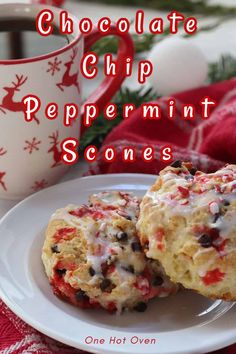 chocolate chip peppermin scones on a white plate