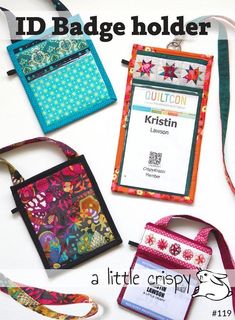 several small purses and lanyards are displayed on a white background with the words, d badge holder