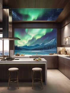 a kitchen with two stools in front of a large window that has an aurora display on the wall