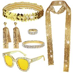 PRICES MAY VARY. 💃70s Fancy Dress Costumes for Women: You will get 1 disco necklace, 1 pair of disco earrings ，1 pair of trendy disco sunglasses,1 pair of disco ring,1 pair of disco bracele and 1 pair Hair Ties, a total of 6 classic disco accessories to fully meet your wearing needs and make you look more dazzling. 🕶️Excellent Quality: In this disco accessories set, pendant scarves and pendant earrings are high-quality plastic+ fabric. The glasses are made of high-quality plastic. Rings, brace 70s Disco Jewelry, 70s Jewelry Disco, Onda Disco, Disco Necklace, Disco Accessories, Fancy Dress Costumes For Women, Disco Sunglasses, 70s Fancy Dress, Scarf Sunglasses