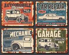 four vintage car repair signs with different styles and colors, including an old style truck