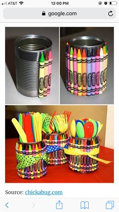 there are many different colored crayons in the cup and on the table next to each other