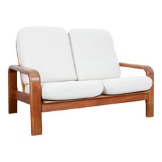 a wooden frame loveseat with two white cushions on the seat and backrests