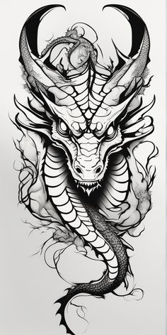 a drawing of a dragon with horns on it's head and two snakes around its neck