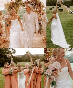 the bride and grooms are throwing confetti at each other in this collage