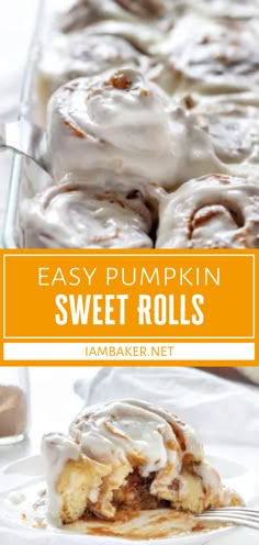 an easy pumpkin sweet rolls recipe on a plate with a fork and cinnamon roll in the background