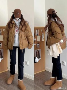 Winter Layering Outfits Korean, Mute Autumn Outfits, Korea Fall Outfit, Winter Ootd Korean, Cute Winter Outfits Korean, Beige Winter Jacket, Korean Winter Fashion Outfits, Brown Puffer Jacket Outfit, Kawaii Winter Outfits