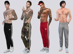 three men with tattoos standing next to each other wearing sweatpants and adidas pants