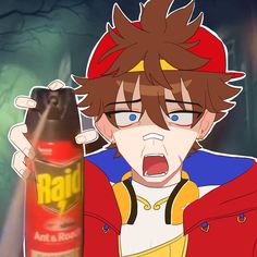 an animated image of a boy holding a bottle