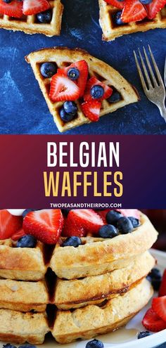 the waffles are topped with berries and blueberries