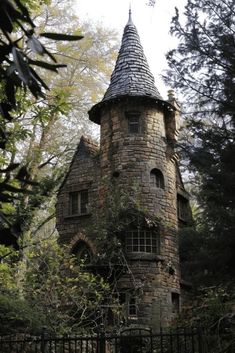 an old castle like building in the woods