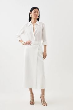 Clean Tailored Maxi Skirt | Karen Millen Long Wrap Skirt With Lining For Daywear, Long Lined Wrap Skirt For Daywear, Spring Workwear Draped Midi Skirt, Elegant Cotton Pencil Skirt Bottoms, Summer Fitted Draped Skirt For Workwear, Summer Draped Skirt For Workwear, Elegant Wrap Skirt For Workwear In Spring, Elegant Cotton Pencil Skirt, Elegant Spring Wrap Skirt For Work